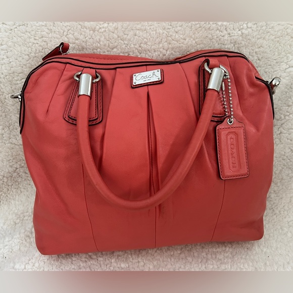 Coach Coral Pink Leather Satchel Bag Womens Pleated Chain Shoulder F15339 - Picture 2 of 16